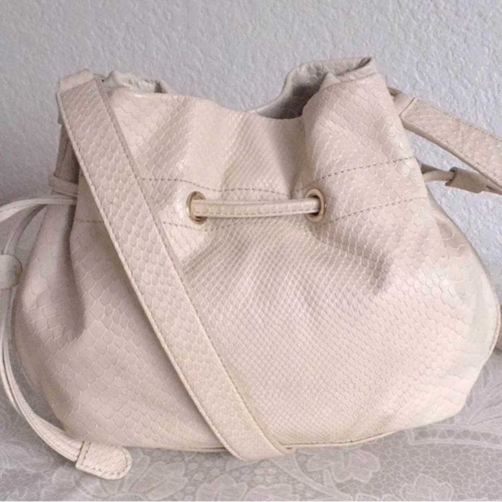 Cole Haan genuine, leather Cream Snake Skin crossbody bucket bag